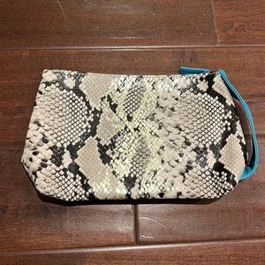 NEW Cosmetic Bag Snake Print Make Up Travel Pouch Gold Tan Print Blue Strap